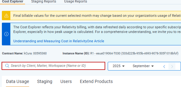 Quick search options - search by Client, Matter, or Workspace (Name or ID)
