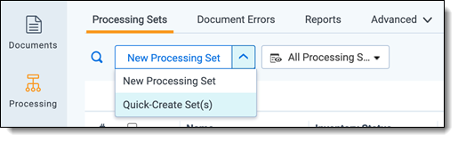 Processing sets quick create set(s) button