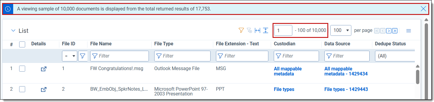 The files tab page with the number of documents returned highlighted.