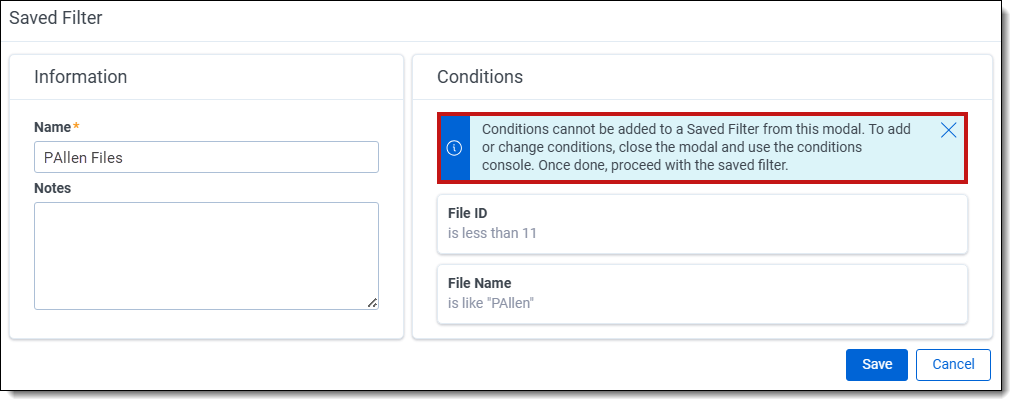 The saved filter modal where you can edit the filter name and add notes.