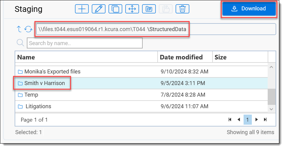 Staging pane with path location and Download button highlighted
