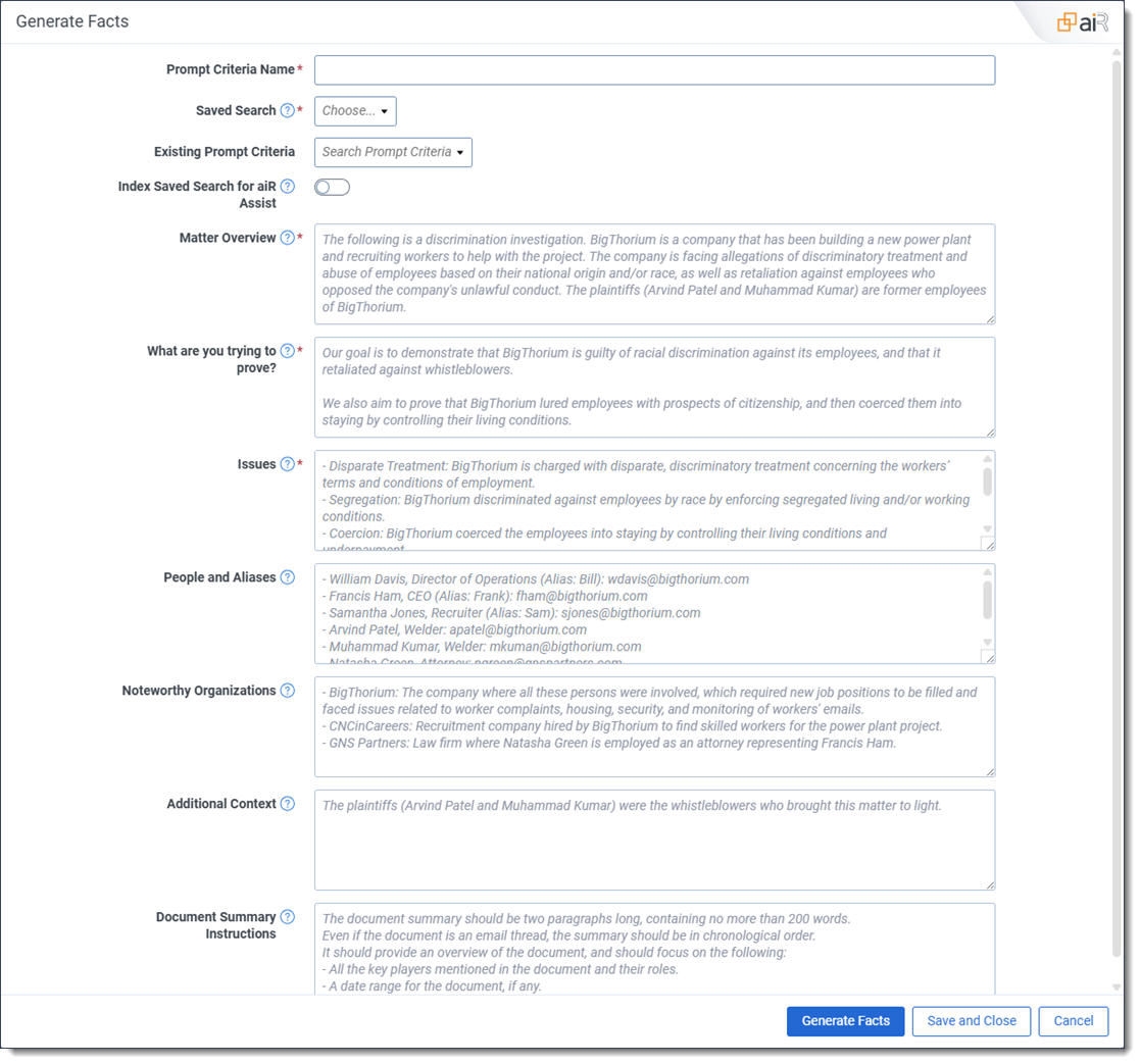 The Generate Facts modal