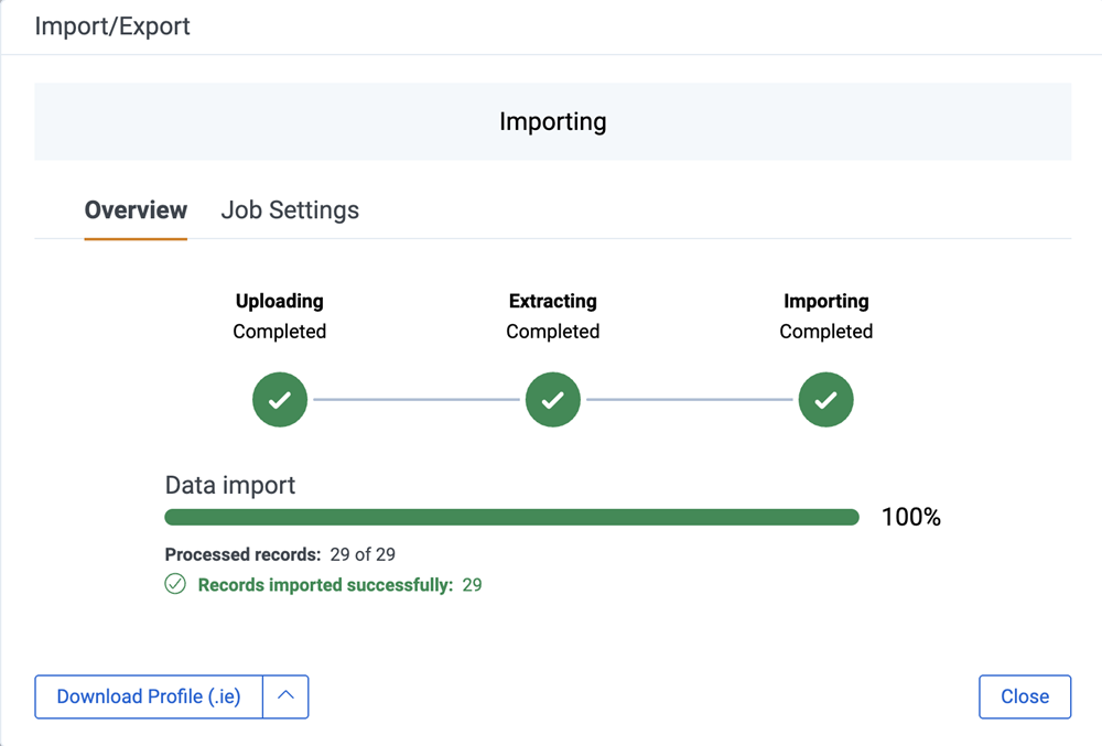 Click to expand Overview tab of Importing dialog