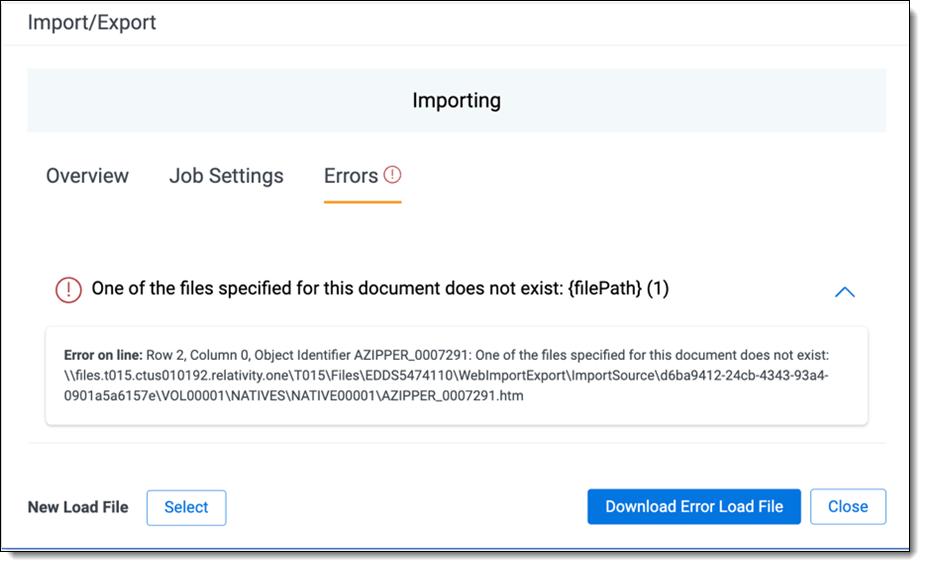 Errors tab of Importing dialog