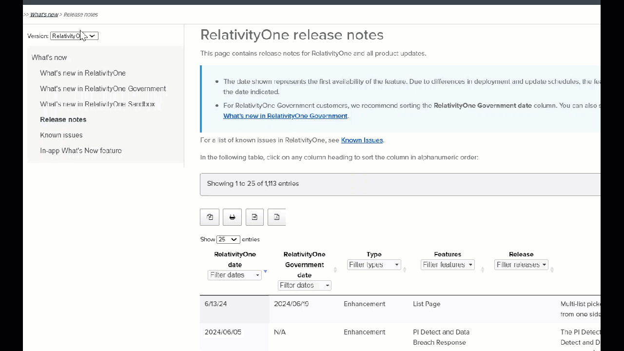 Selecting release note topic from left nav TOC