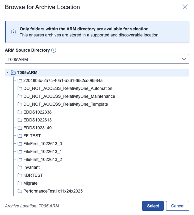 Browse for Archive Location pop-up for selecting an archive destination.