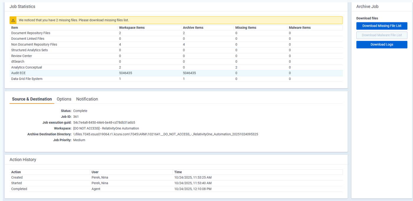 Archive job summary page