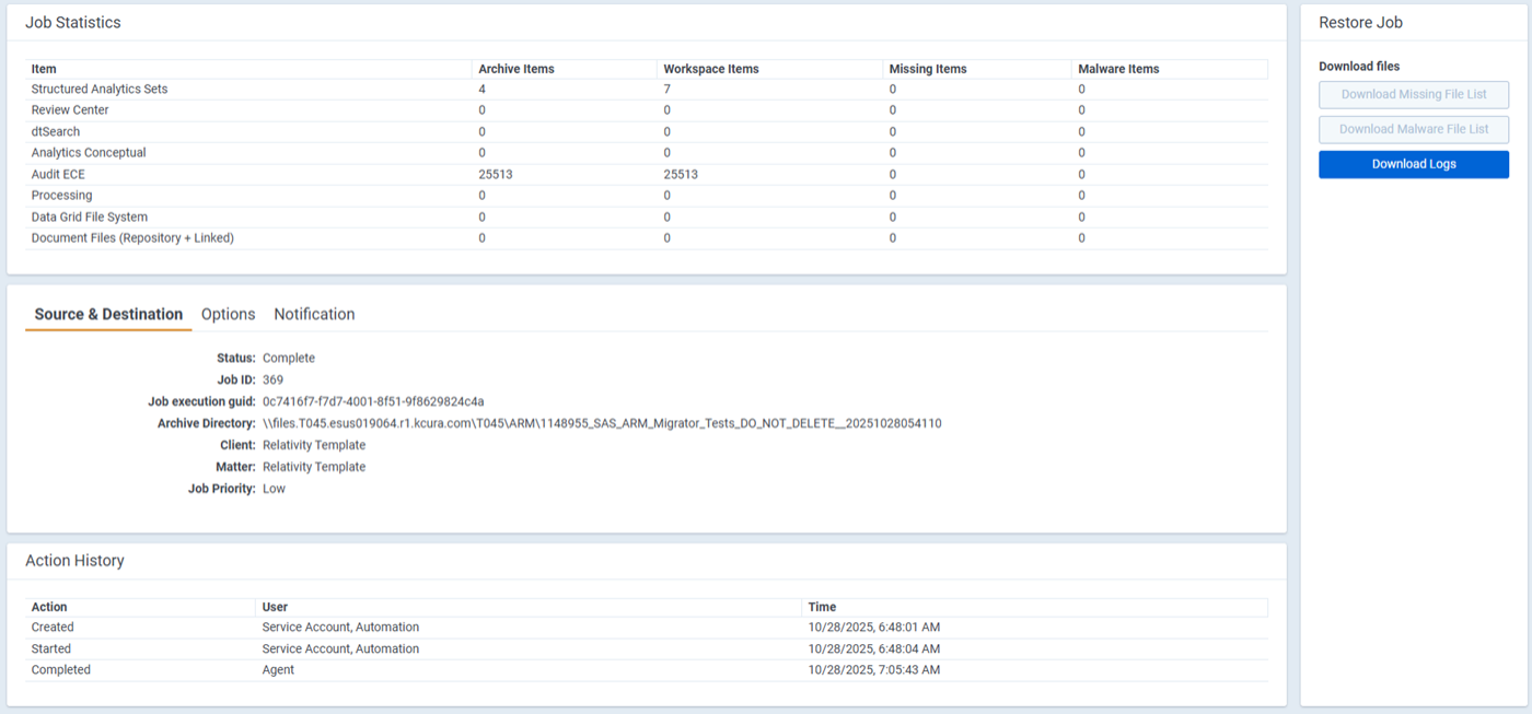 Restore job summary page