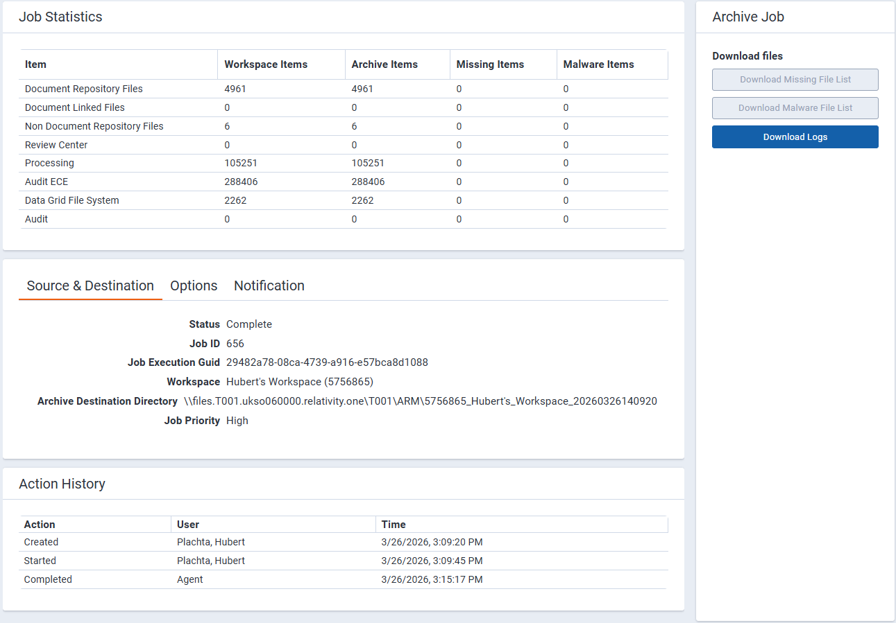 Archive job summary page.
