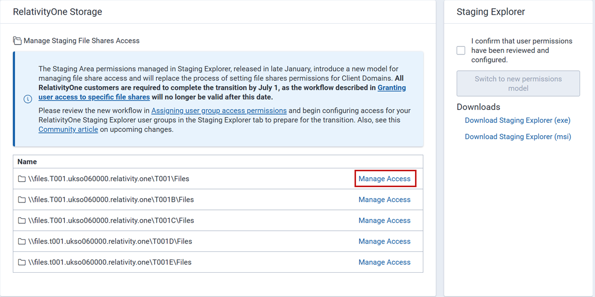 Click to expand Manage Access button for a file share.