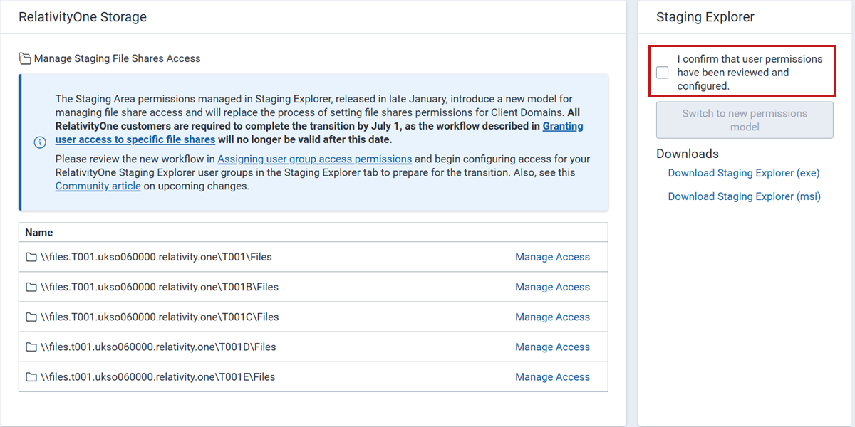 Click to expand The permissions configuration confirmation checkbox in the Staging Explorer pane.