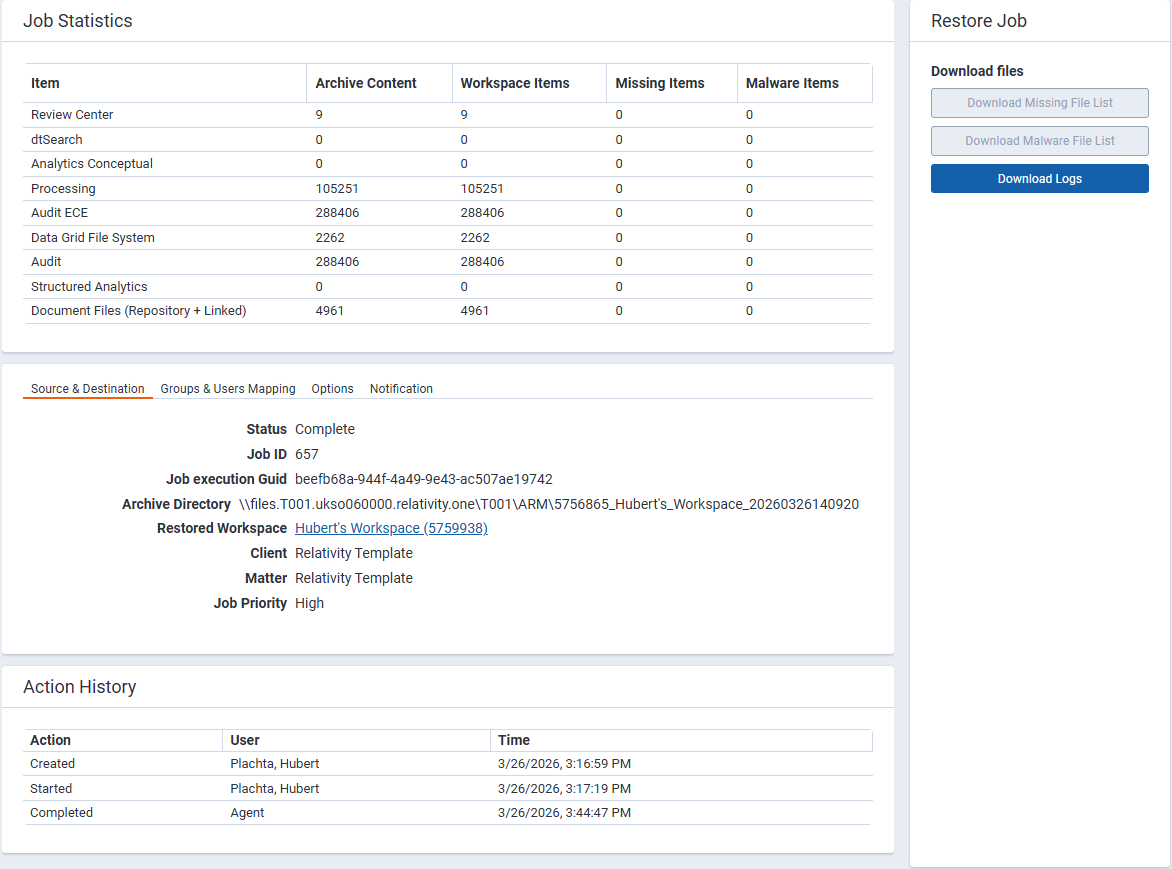 Restore job summary page.