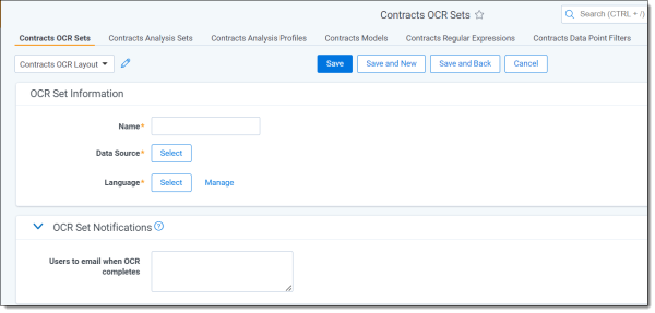 An image of the Contracts OCR Sets page