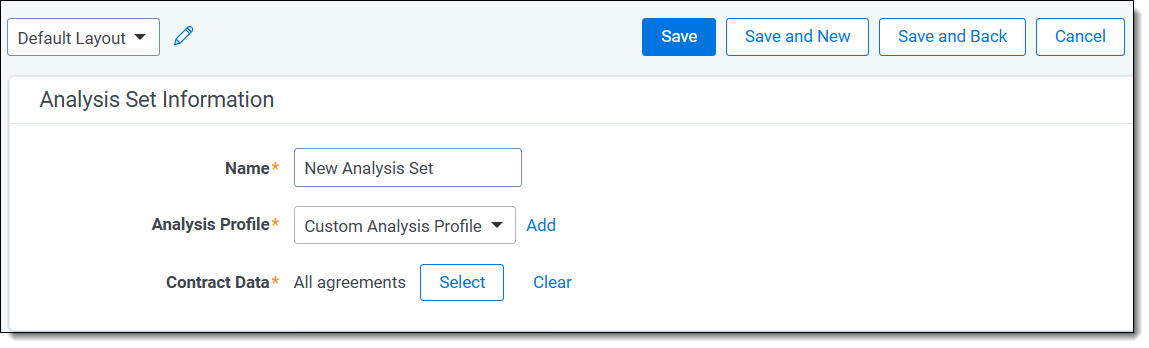 An image of a New Contracts Analysis Set being created using a custom analysis profile