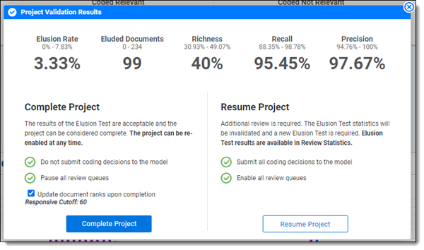 Project Validation results window