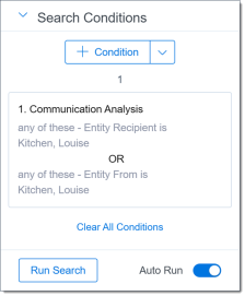 The Search Conditions card with an any of these condition added for the Louise Kitchen entity.