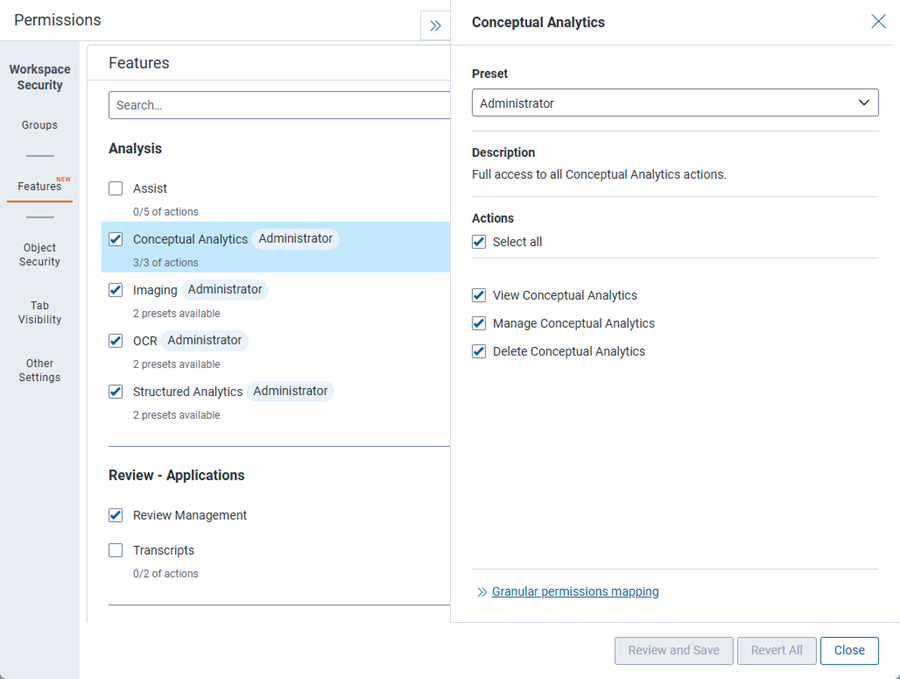 Feature permissions for conceptual analytics