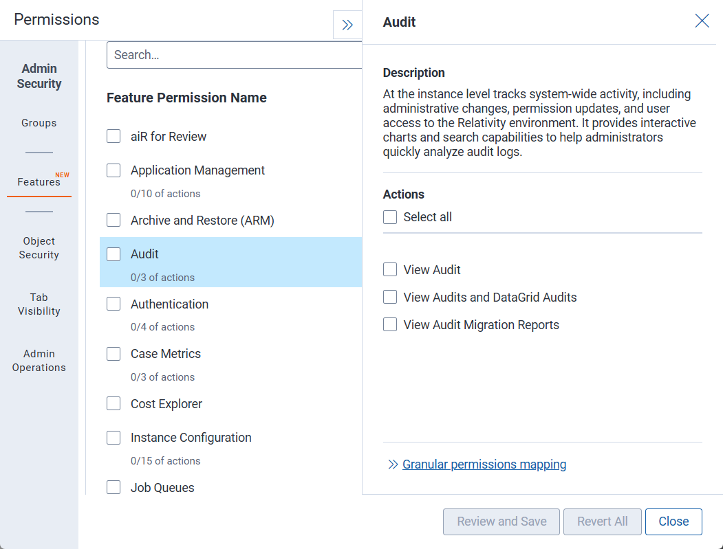 Feature permissions options for Audit functionality