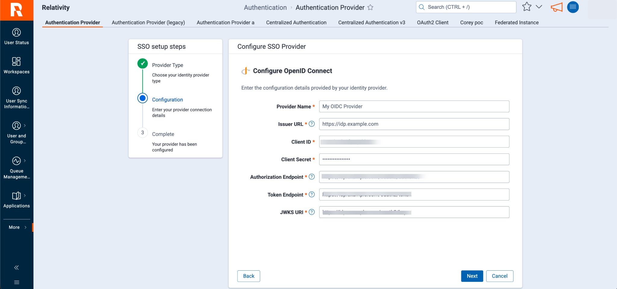 OpenID Connect configuration step of the SSO setup wizard