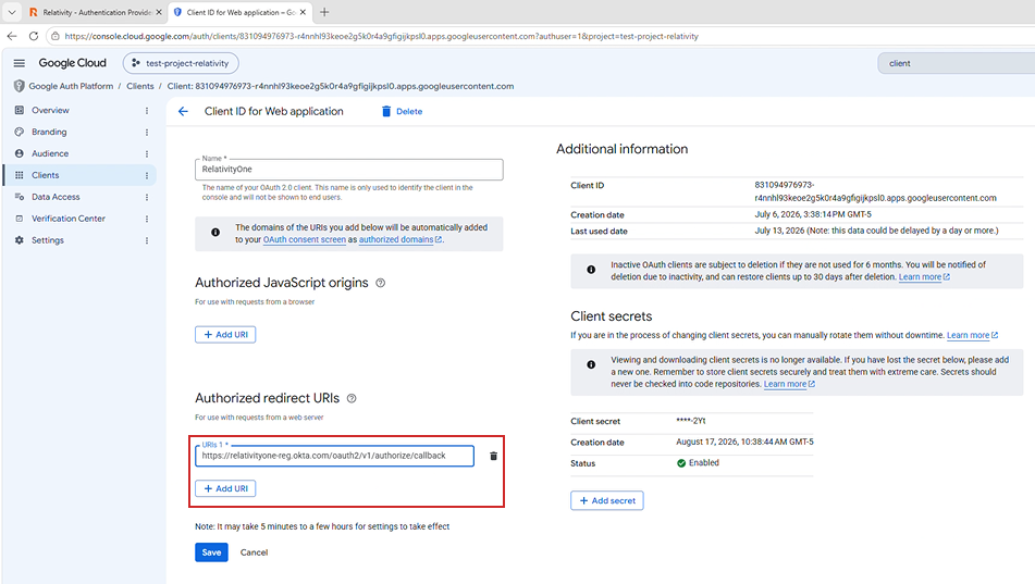 Entering the Redirect URI into Google Cloud