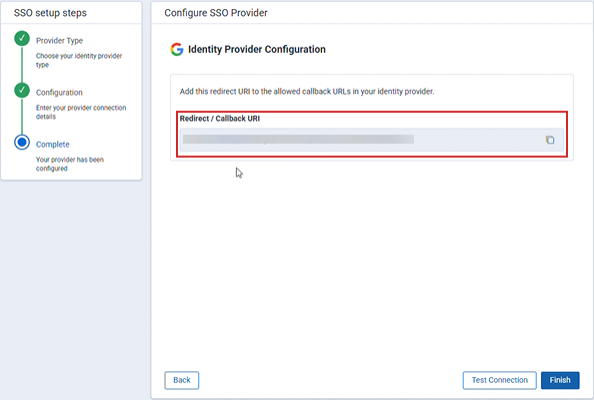 SSO setup - Copying the Redirect URI