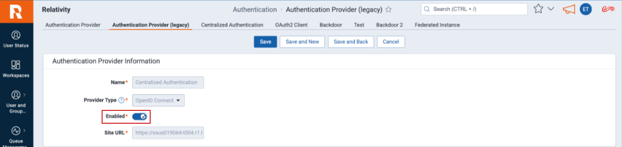 Enable toggle (Legacy Authentication Provider)