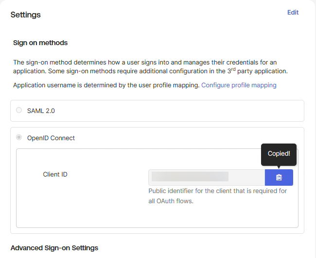 Okta Client ID Copy button