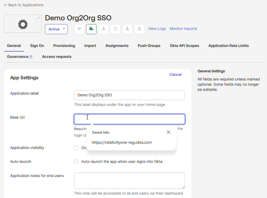 Enter Base URL value in Okta