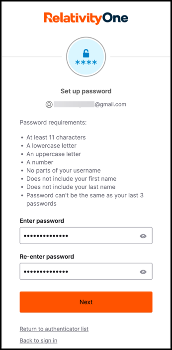 Create and confirm your password window