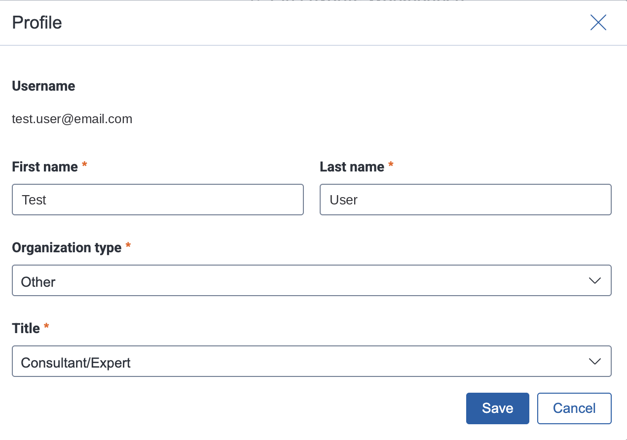 Profile modal with editable fields