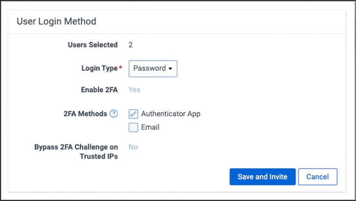 Selecting Login type - password on the User Login Method modal window