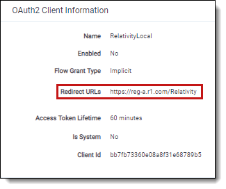 OAuth2 client information highlighting the redirect urls field value