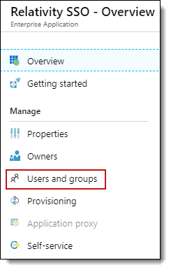 The relativity sso overview screen with users and groups highlighted