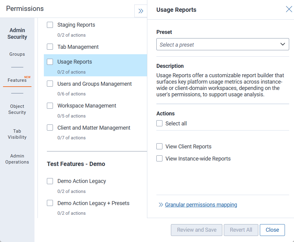 Feature permissions tab - Usage Reports