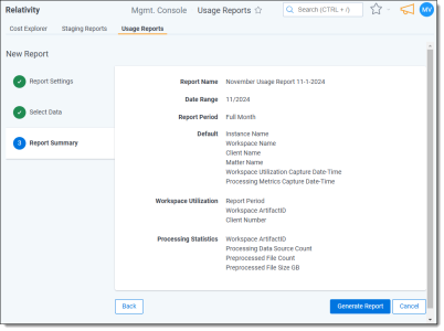 Report Summary tab of Usage Reports