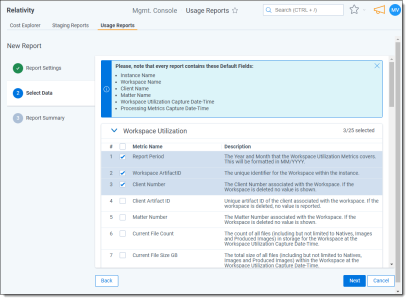 Select Data tab of Usage Reports