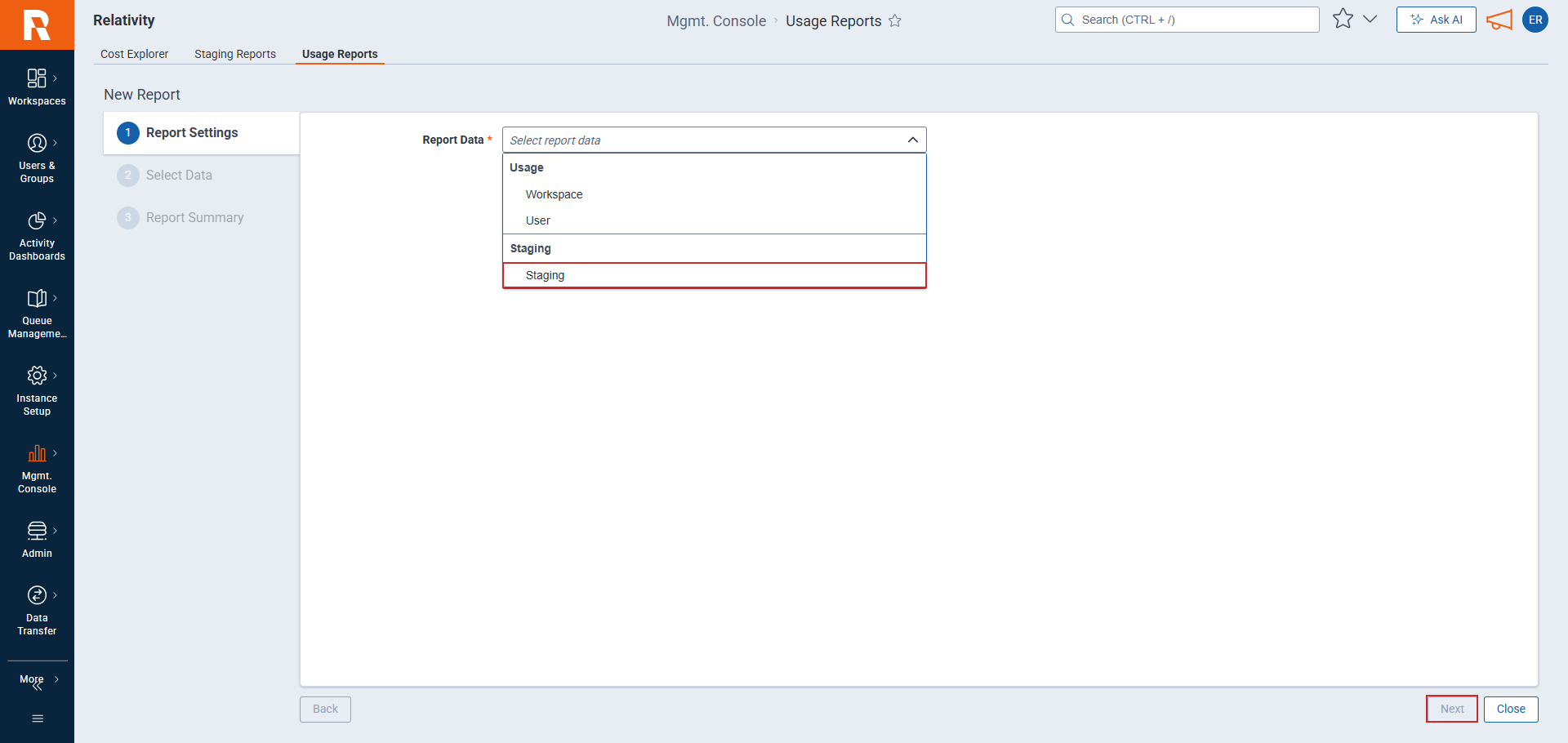 Report Data type selection
