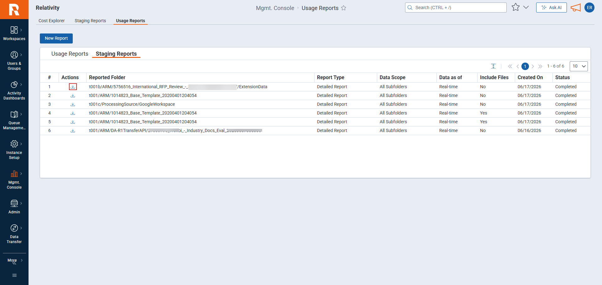 Staging Reports Job list panel