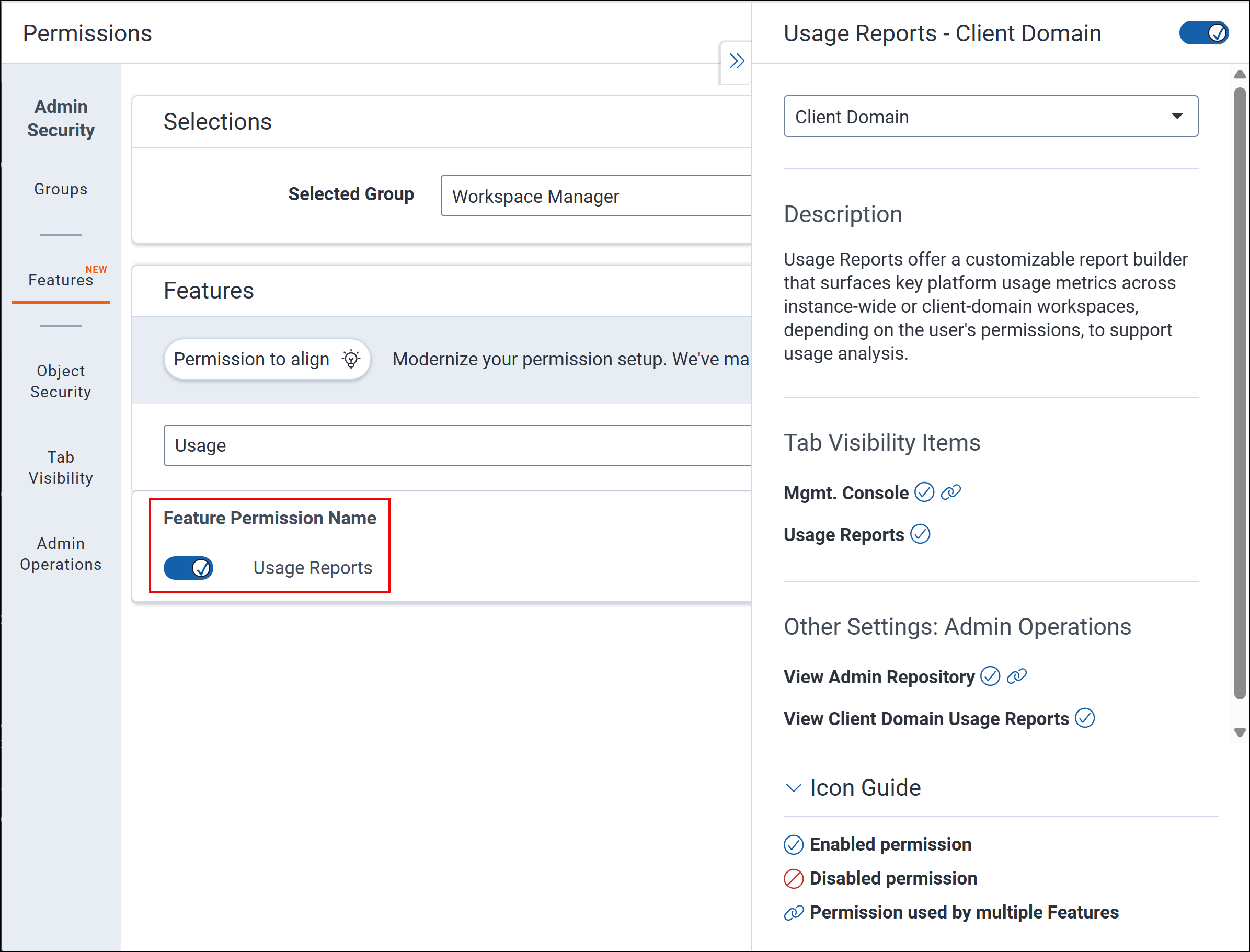 Usage Reports Feature Permission toggle
