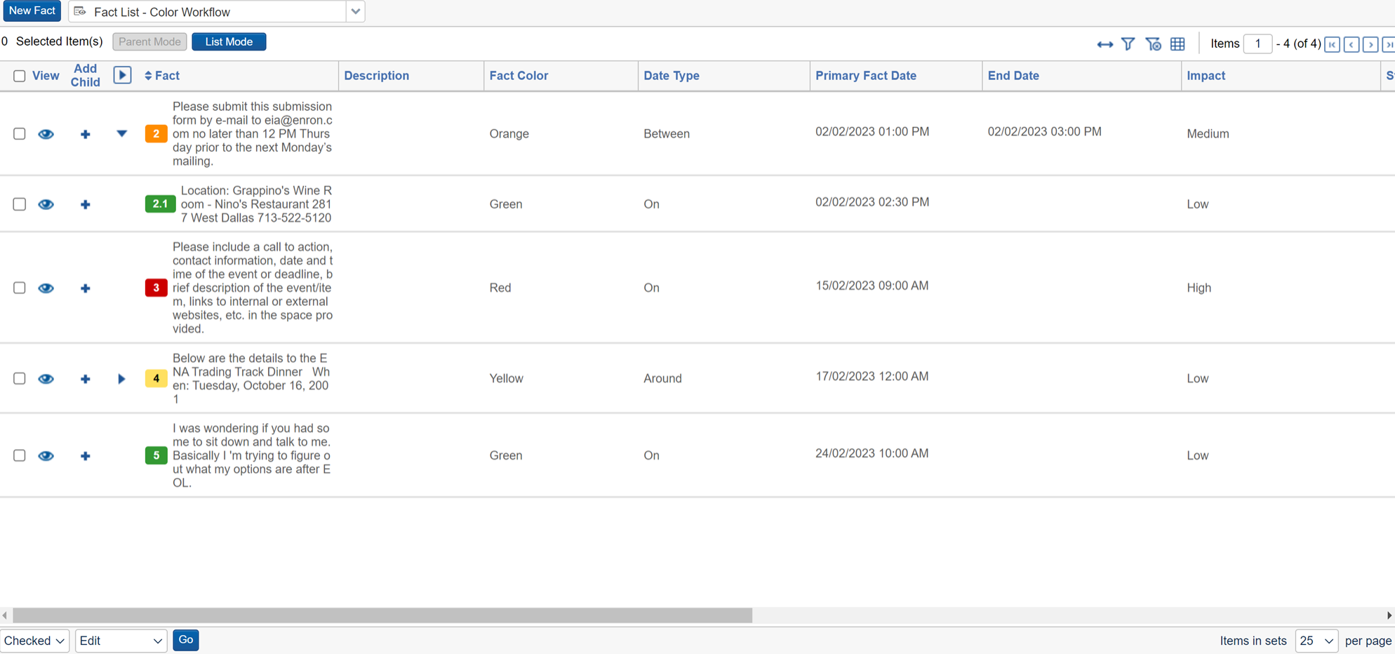 The Facts tab with the Fact List - Color Workflow view selected.