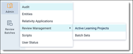 Admin tab review management sub tab active learning projects child tab