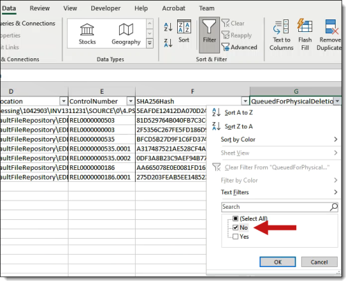Excel filtering by deletion files