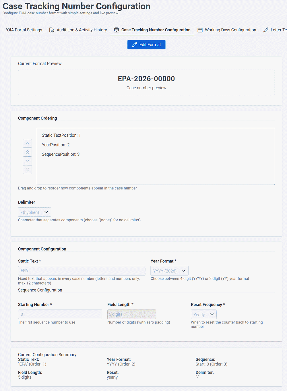 Case number tracking and configuration is where you set the format and behavior for case numbers.