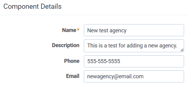 Entering component details such as name, description, and phone.