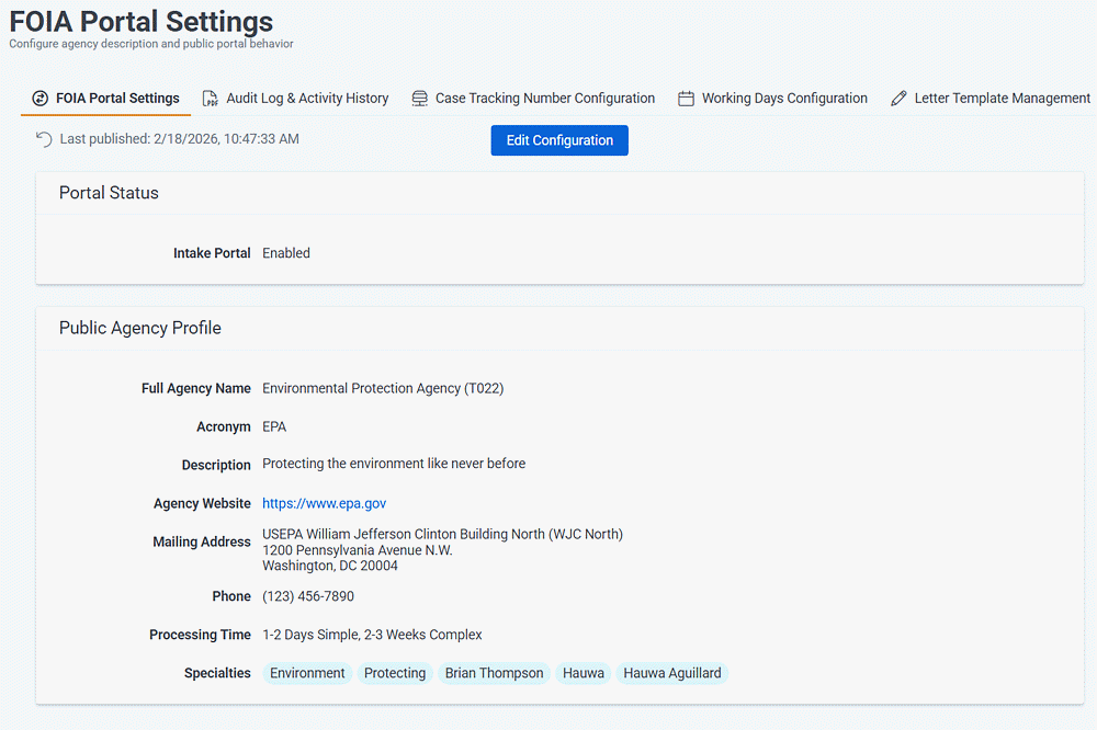 The FOIA Admin portal is where you configure agency and public portal settings and behavior.