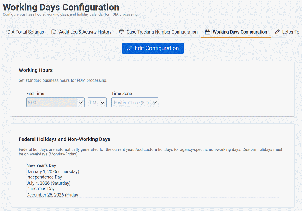 Set working days and hours. You can also add or remove holidays.