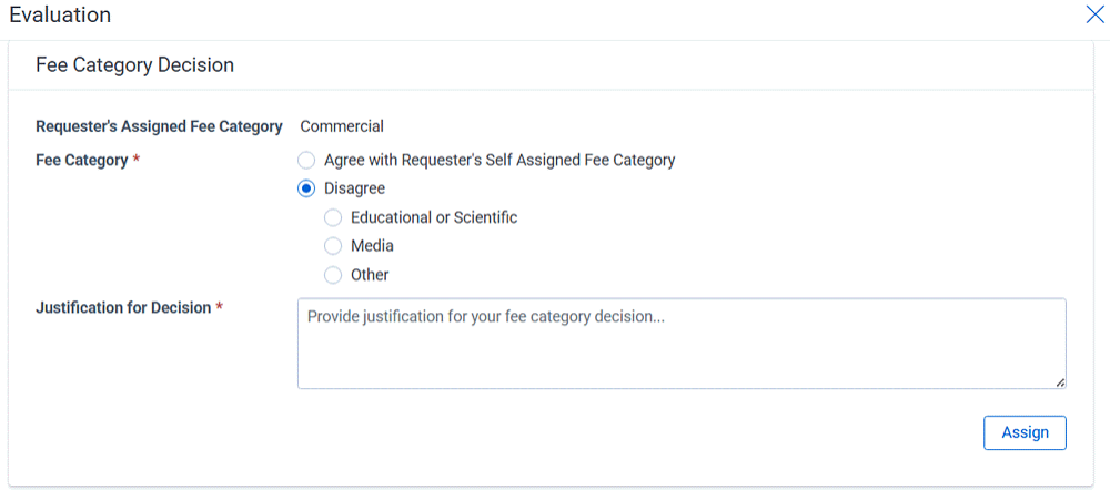 Fee category screen where you can confirm or assign a fee category.