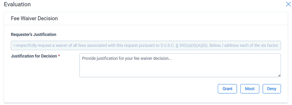 Fee Waiver screen where you can grant or deny waiver requests.