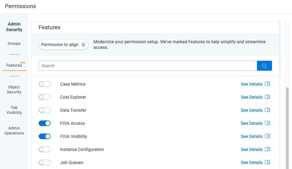 The permissions screen showing foia access and foia visibility active.
