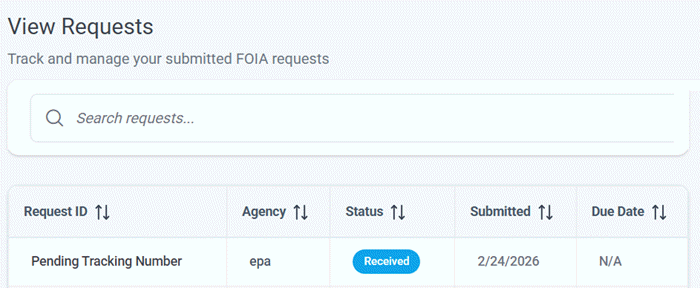 The View Requests portal showing a new request with pending tracking number as the request ID.